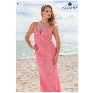 NWT Candy Pink Lace And Beading V-Neck Long Dress With Lace Up Back Size 0